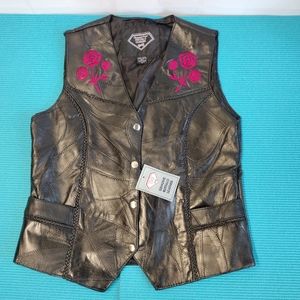Diamond Plate Buffalo Leather Womens Black Vest Floral Embroidered Size M